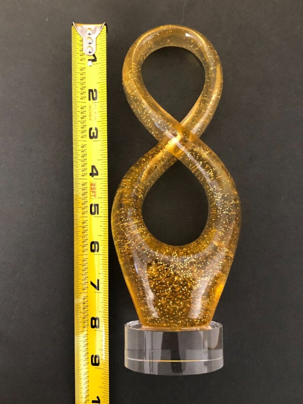 Amber Lucite Abstract Spiral Figure 8 Sculpture on Clear Base